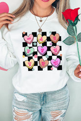 White Checkered Heart Flower Graphic Valentines Crewneck Sweatshirt