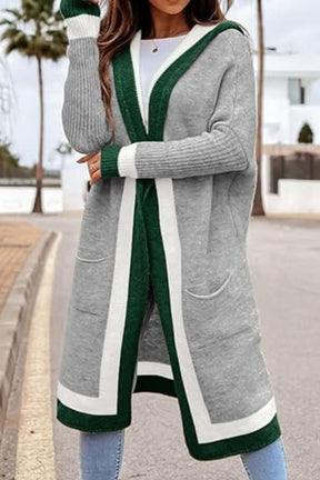 Pocketed Contrast Long Sleeve Hooded Cardigan-True and Wild