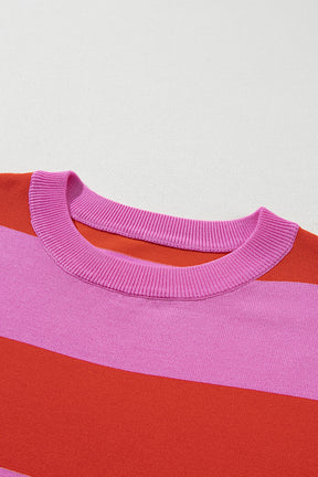 Bright Pink Colorblock Knitted Round Neck T Shirt-True and Wild