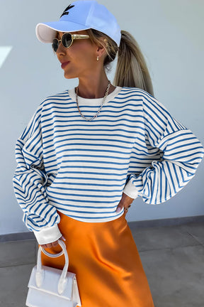 Blue Stripe Drop Shoulder Crew Neck Loose Sweatshirt-True and Wild