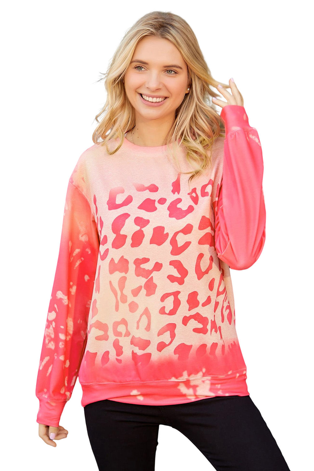 Pink Cheetah Print Drop Sleeve Bleached Sweatshirt-True and Wild