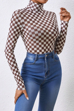 Brown Checkered Print Long Sleeve Mock Neck Bodysuit-True and Wild