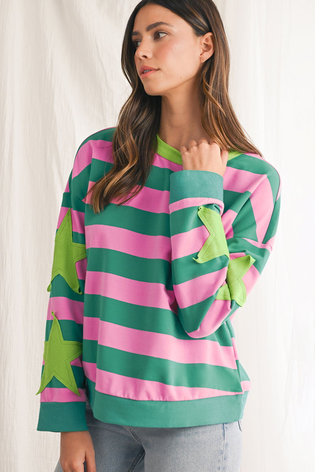 Pink Stripe Star Patchwork Round Neck Pullover Sweatshirt-True and Wild