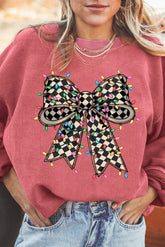 Strawberry Pink Checkered Bow Print Ribbed Crew Neck Pullover Sweatshirt