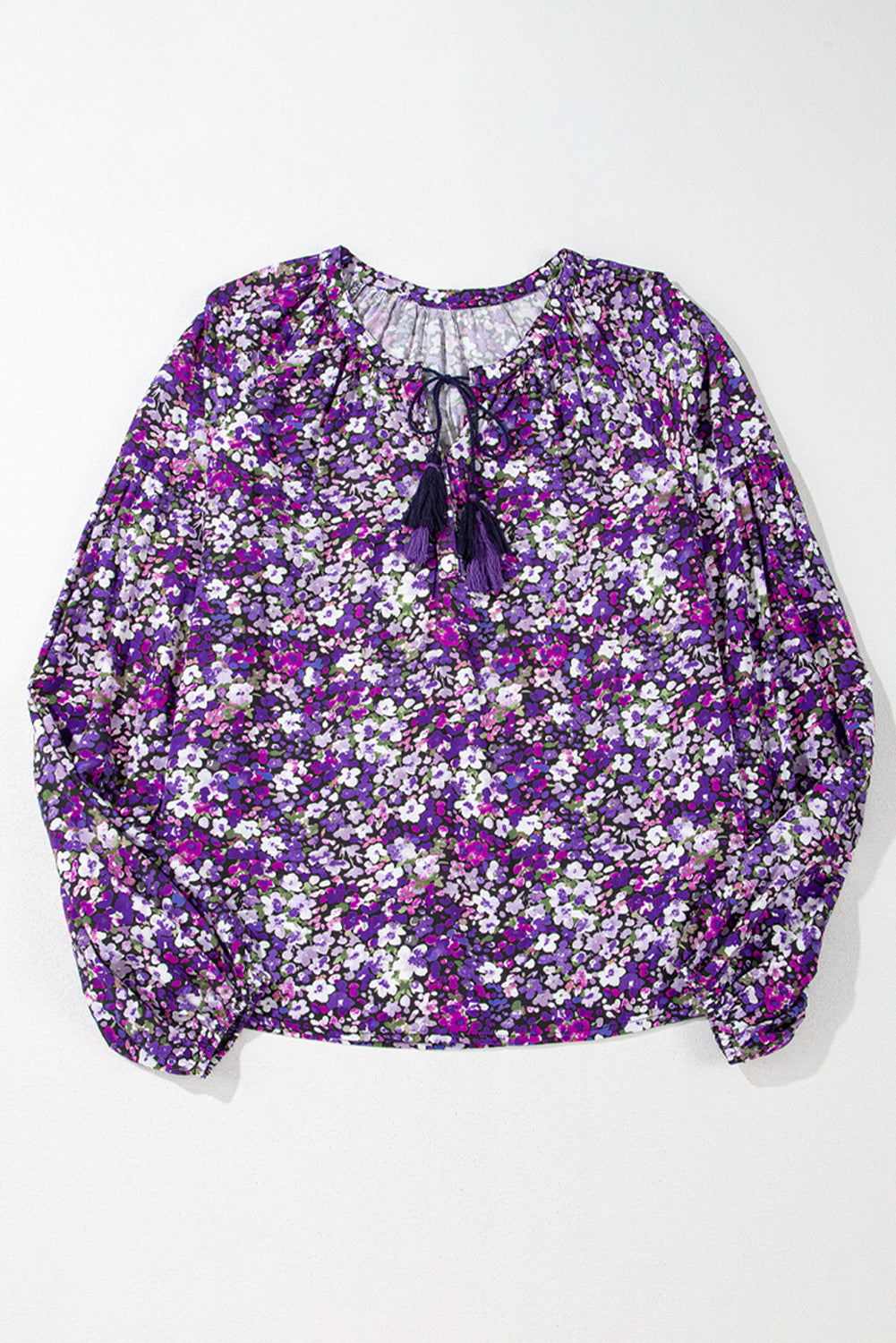 Floral Tie Neck Balloon Sleeve Blouse-True and Wild