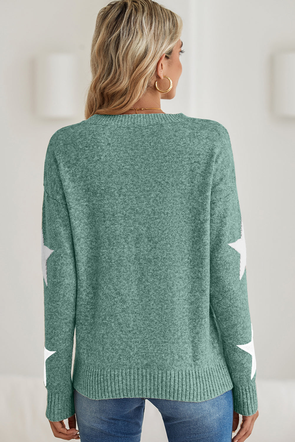 Green Star Pattern Drop Shoulder Knit Sweater