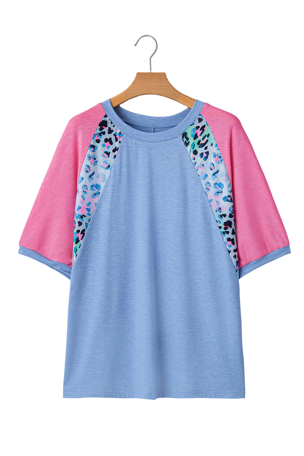 Sky Blue Leopard Print Colorblock Plus Size T Shirt