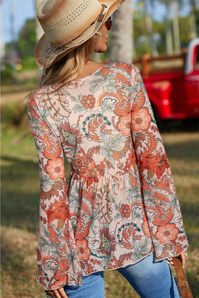 Orange Floral Bell Sleeve Pleated Blouse-True and Wild