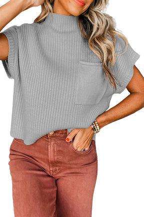 Beau Blue Patch Pocket Ribbed Knit Short Sleeve Sweater-True and Wild