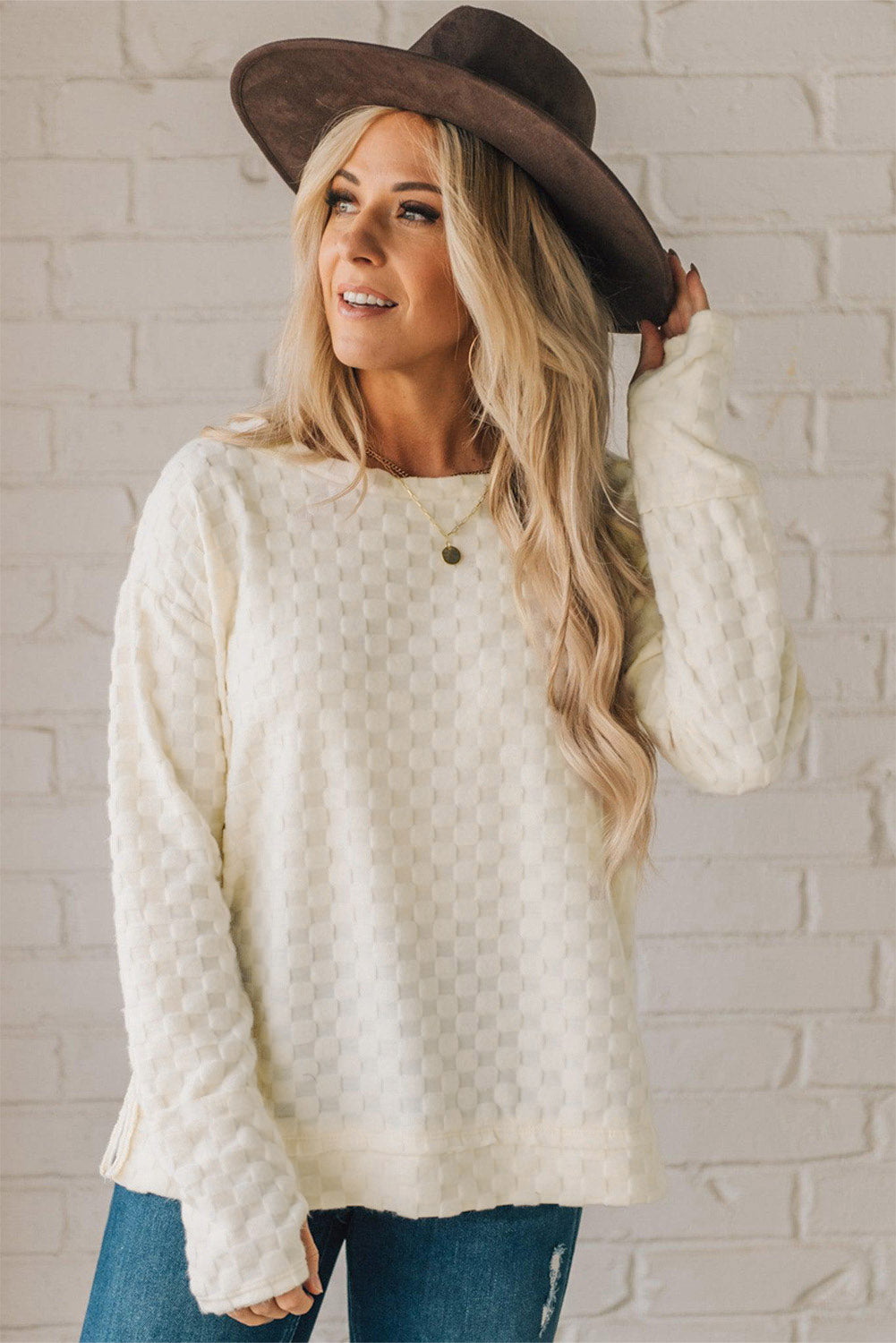 Beige Checkered Furry Thumbhole Long Sleeve Top-True and Wild