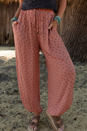 Pink Boho Floral Printed Wide Leg Jogger Pants-True and Wild