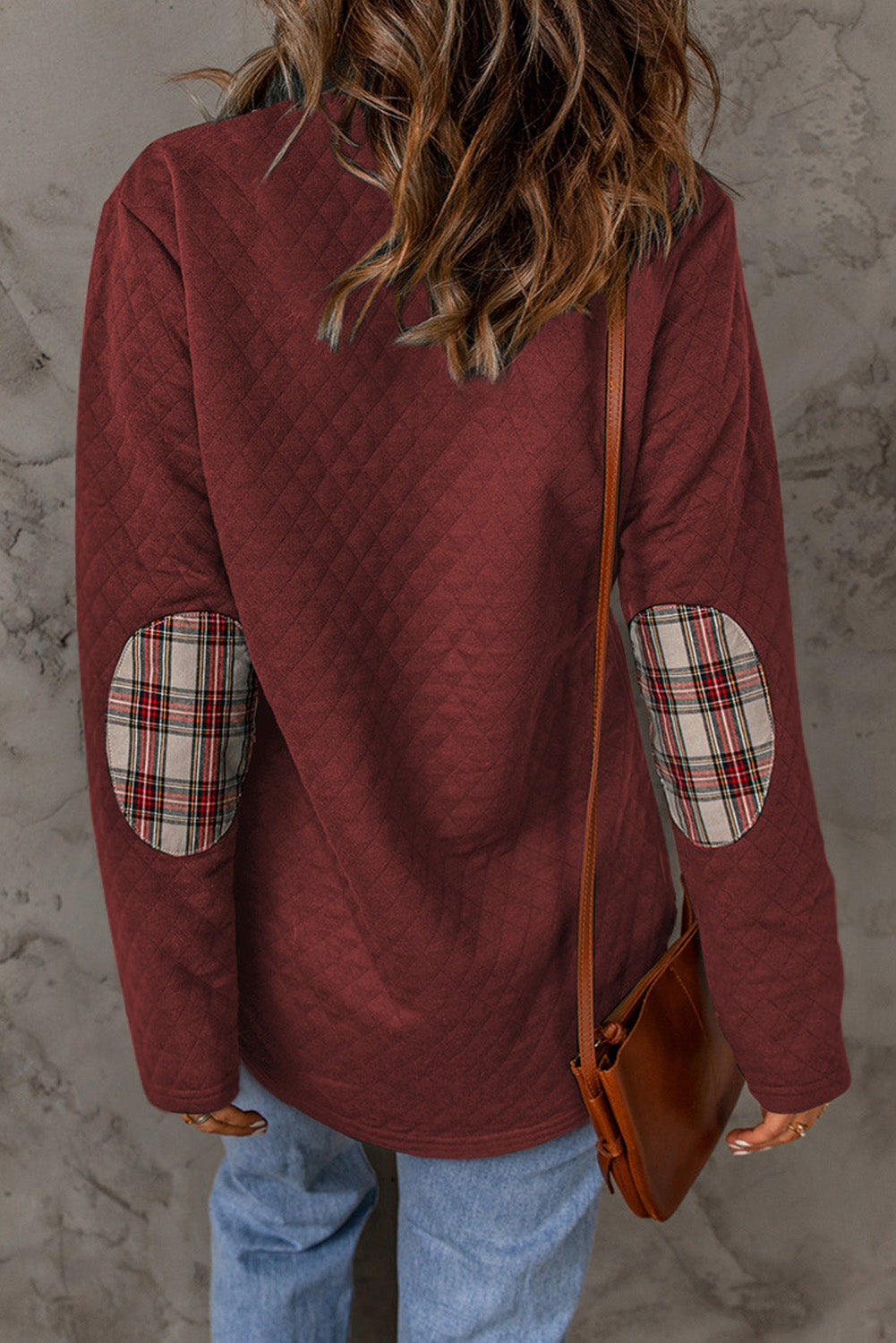 Red Plaid Geometric Texture Trim Button Neck Sweatshirt-True and Wild