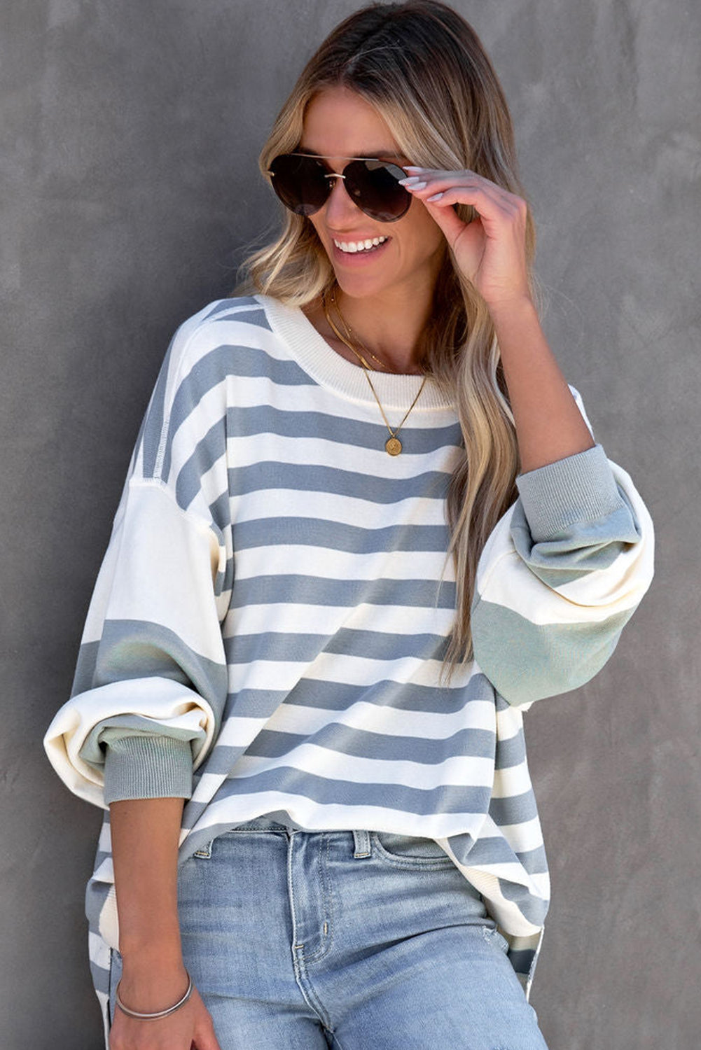 Blue Casual Striped Drop Shoulder Pullover Sweatshirt-True and Wild