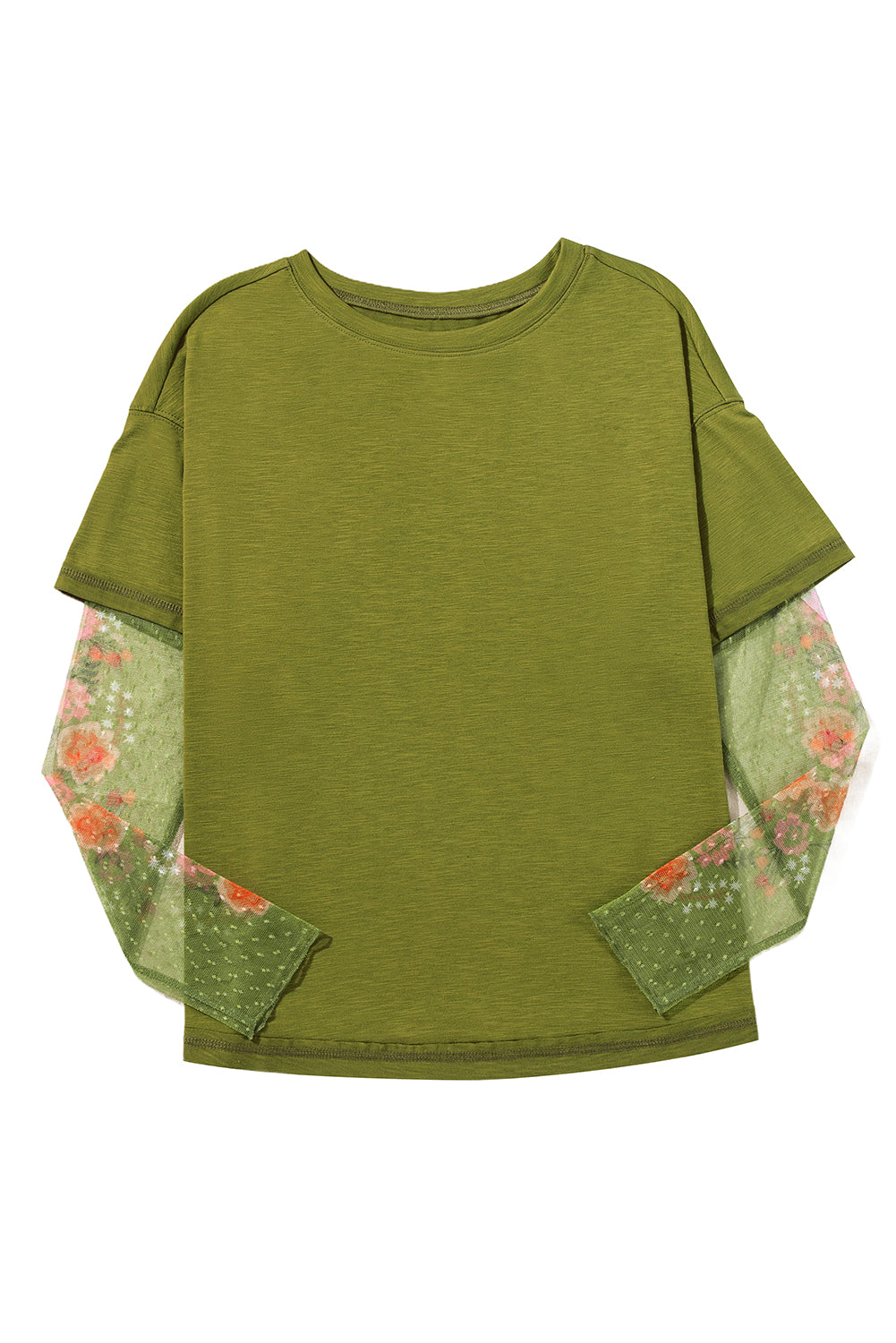 Fern Green Floral Mesh Patchwork Sleeve Crewneck Top-True and Wild