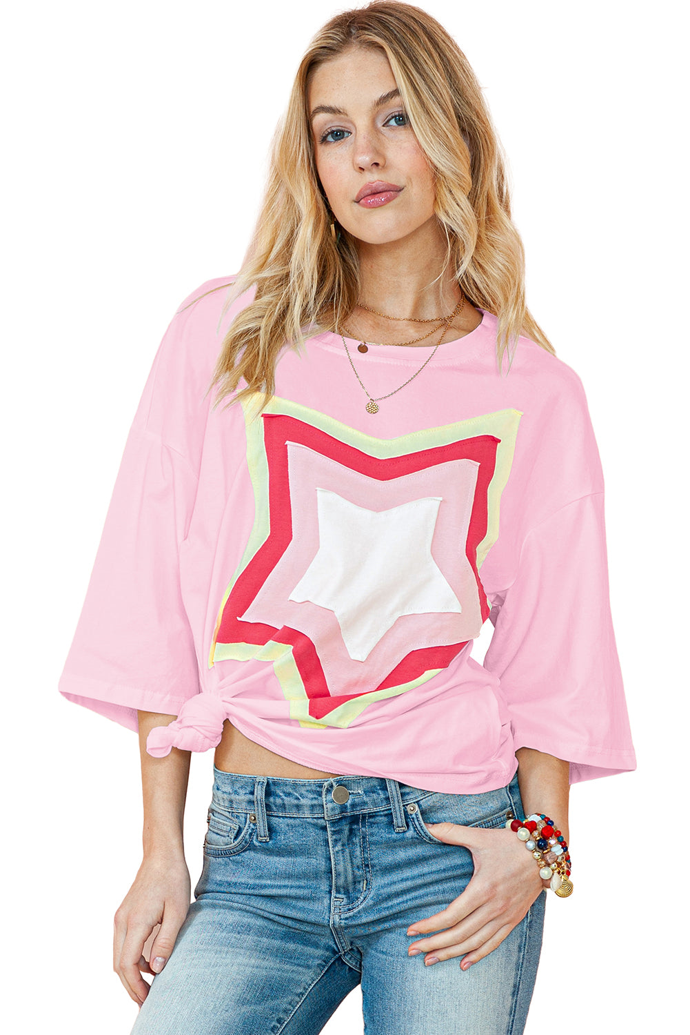 Moonlight Jade Colorblock Star Patched Half Sleeve Oversized Tee-True and Wild