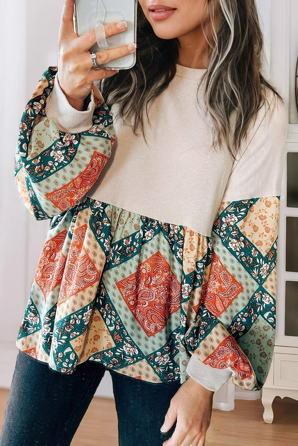 Jet Stream Paisley Geometric Patchwork Loose Fit Blouse-True and Wild