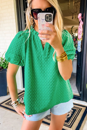 Bright Green Textured Puff Short Sleeve Notched V Neck Top