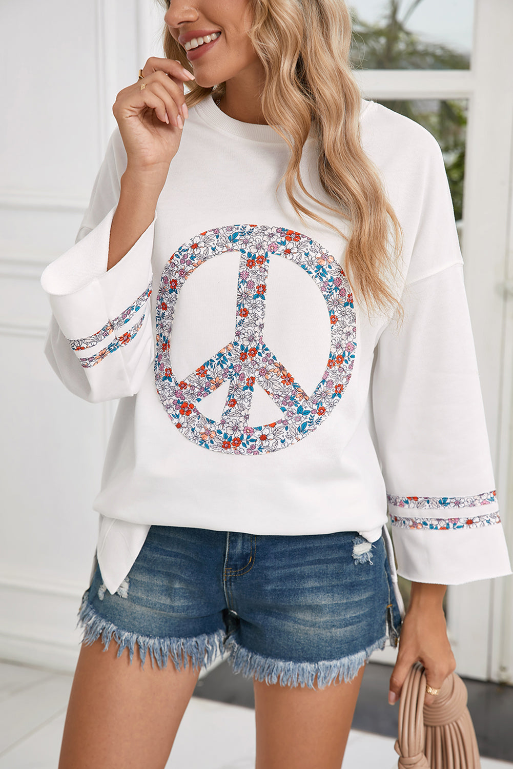 Light Pink Floral Peace Sign Drop Shoulder Top-True and Wild