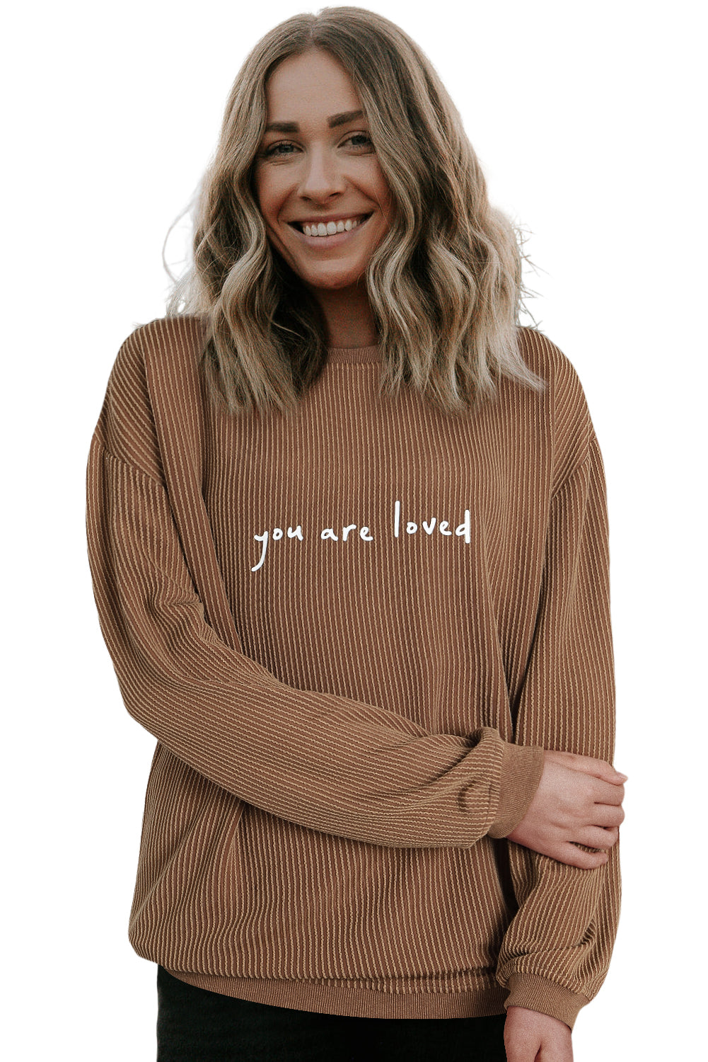 Khaki You Are Loved Print Crinkle Rib Sweatshirt-True and Wild