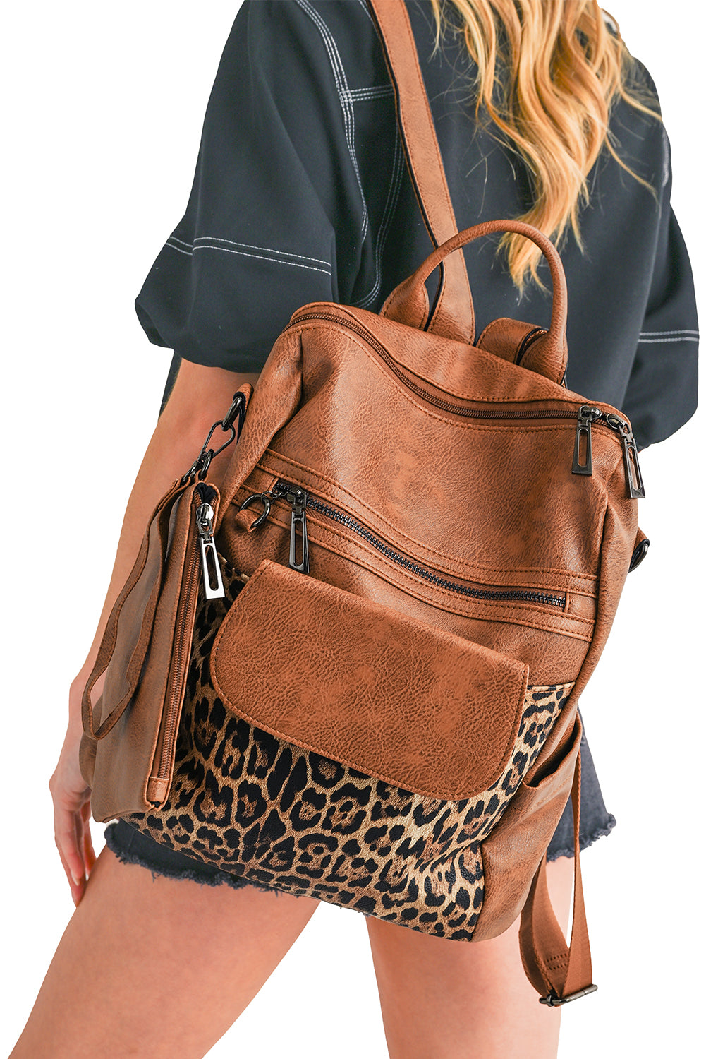 Coffee Leopard Patchwork PU Leather Functional Backpack-True and Wild