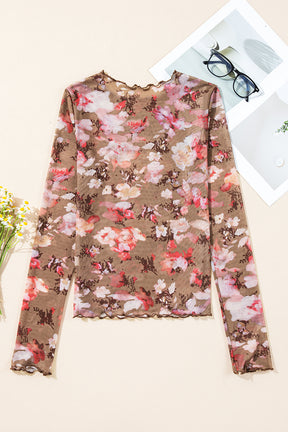 Red Floral Print Sheer Mesh Long Sleeve Top-True and Wild