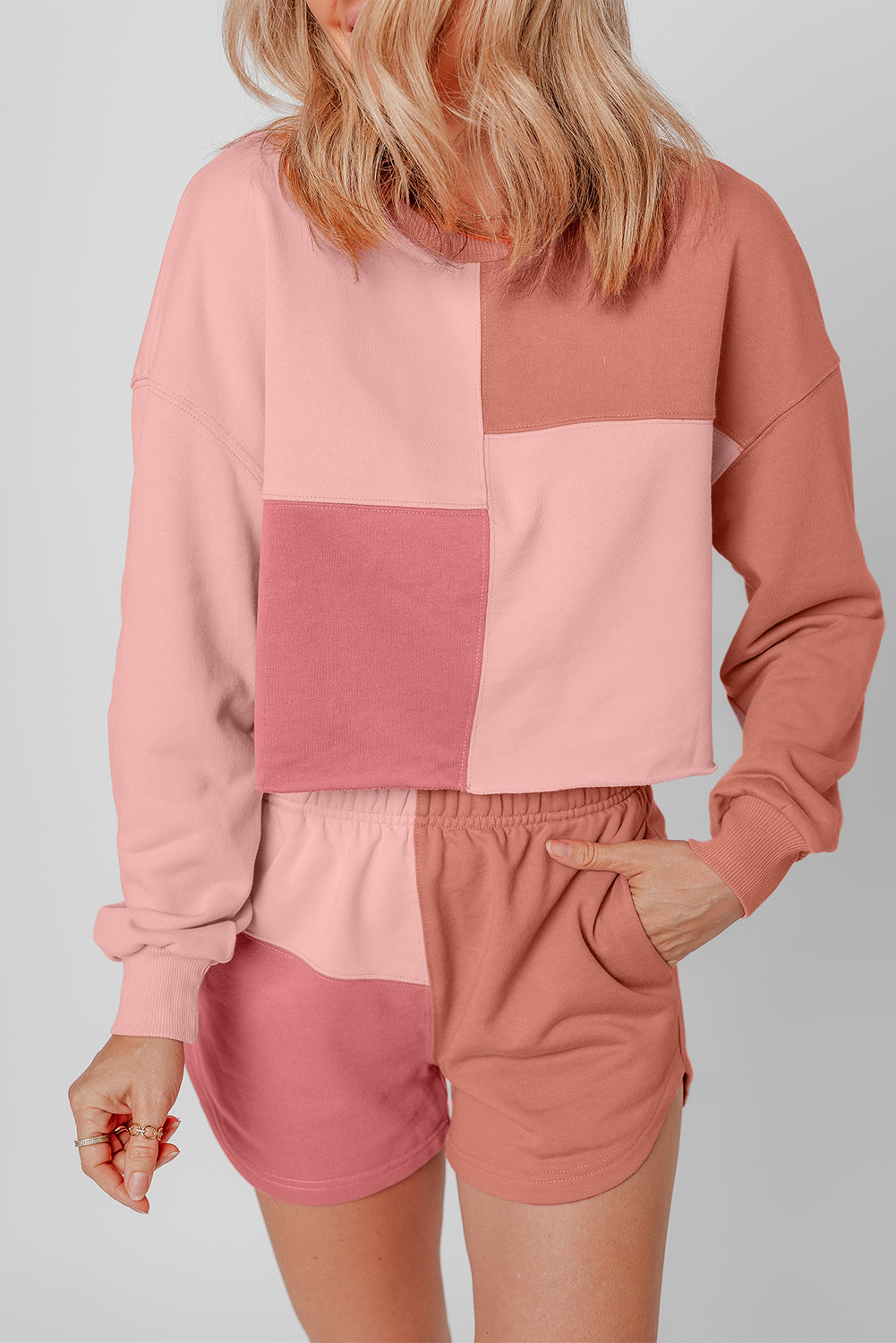 Peach Blossom Colorblock Long Sleeve Top & Pocketed Shorts Set-True and Wild