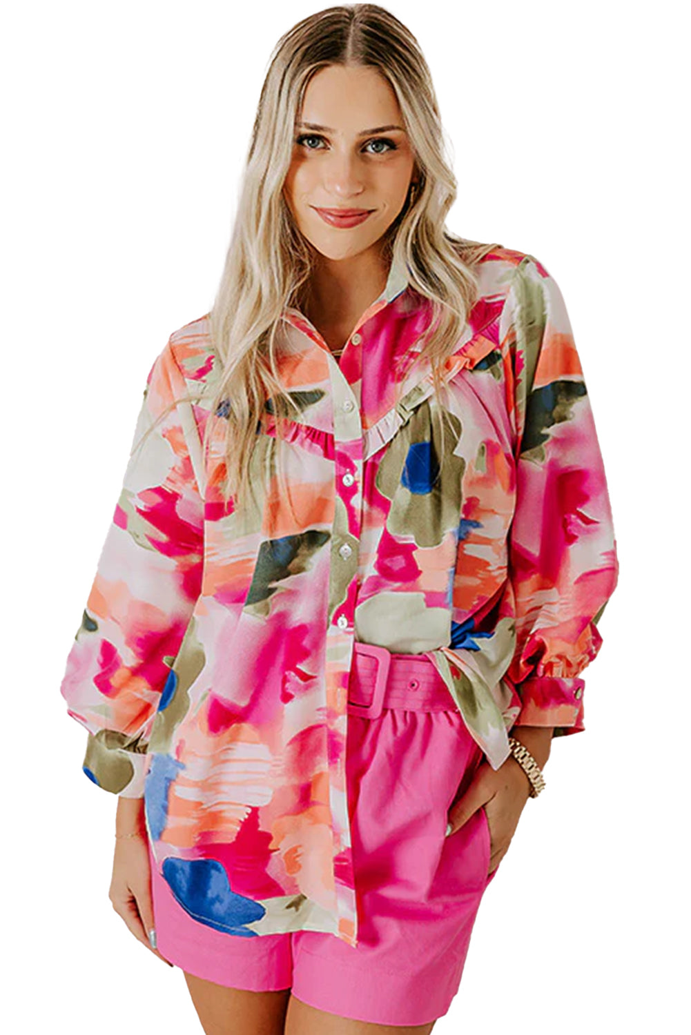 Rose Abstract Print Ruffled Puff Sleeve Shirt-True and Wild