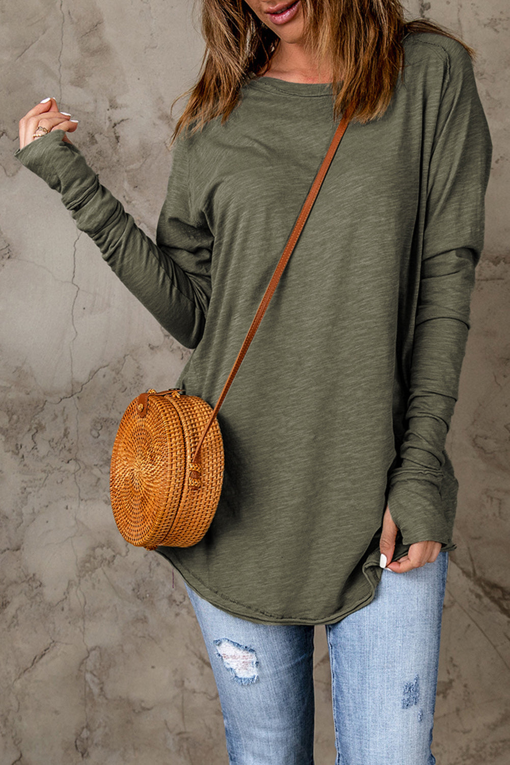 Green Plain Solid Casual Thumbhole Long Sleeve Top-True and Wild