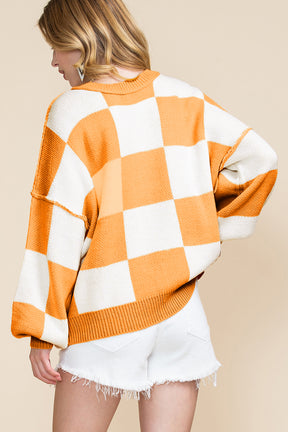 Orange & White Plaid Exposed Seam Bishop Sleeve Sweater-True and Wild