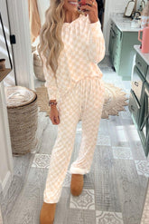 Beige Checkered Print Long Sleeve Loose Fit Pajama Set-True and Wild