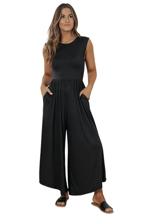 Black Solid Color Open Back Sleeveless Wide Leg Jumpsuit-True and Wild