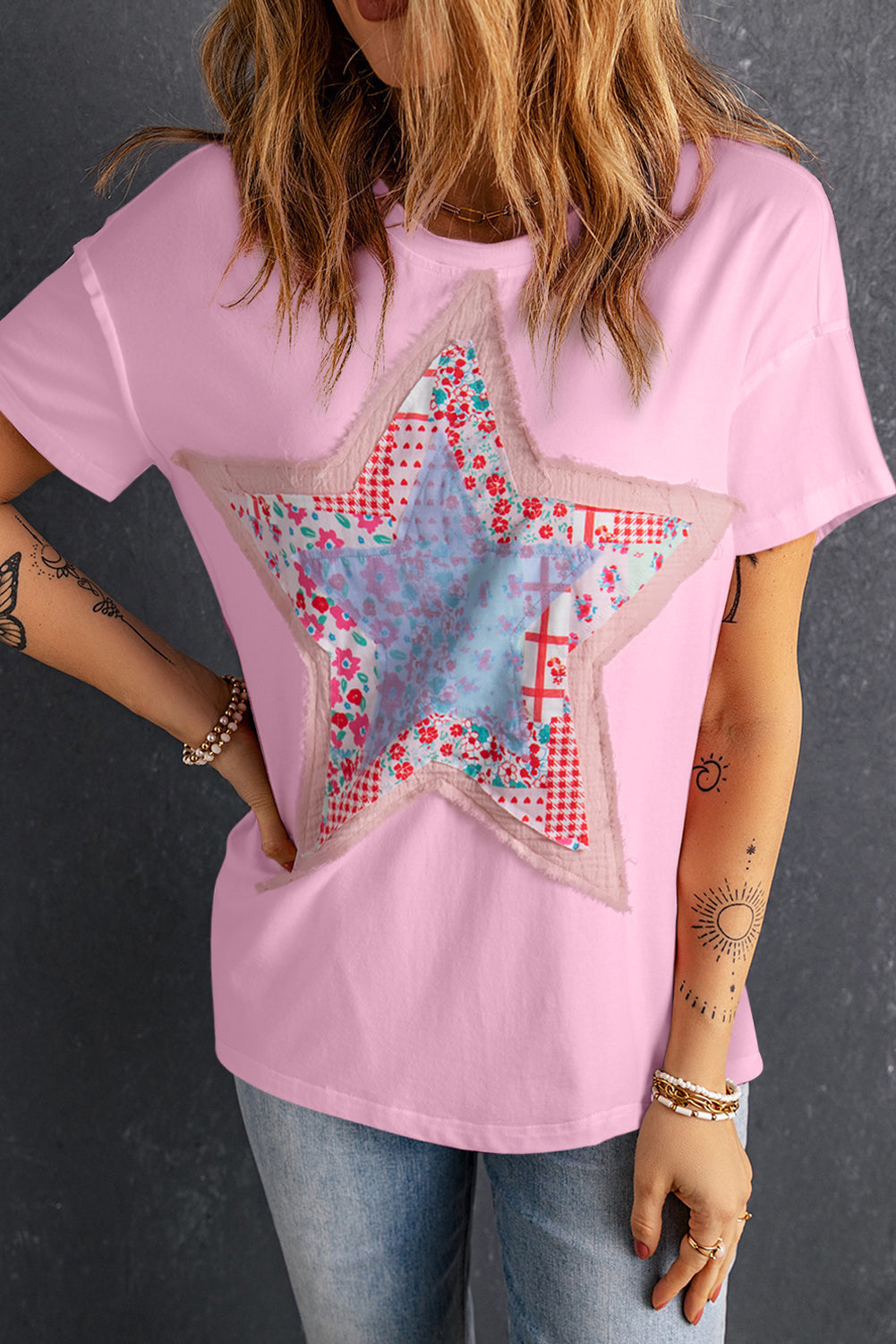 Pink Vibrant Star Patchwork Loose T-shirt-True and Wild