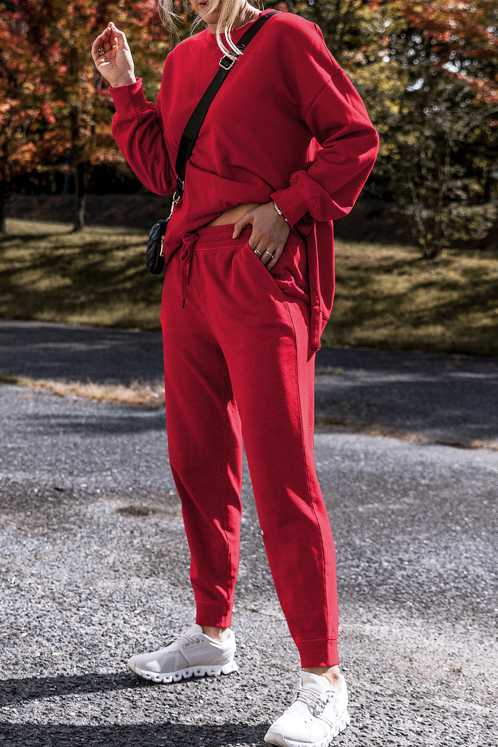 Racing Red Solid Color High Low Pullover and Pants Set-True and Wild