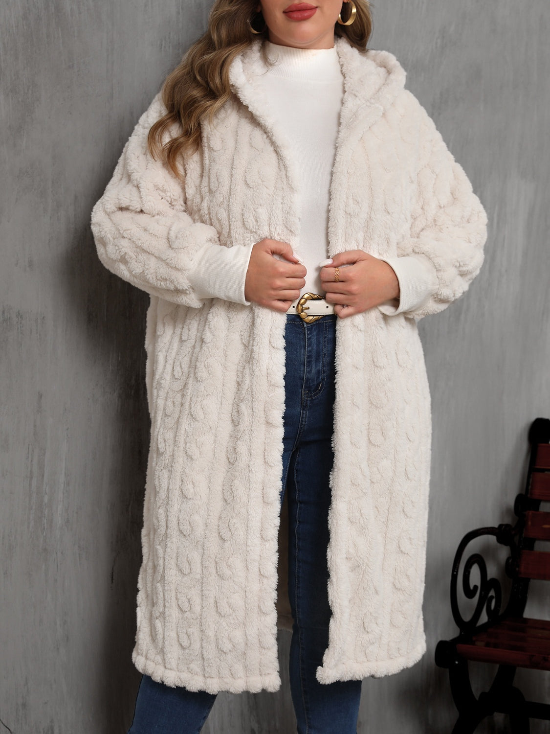 Plus Size Open Front Hooded Plush Coat-True and Wild