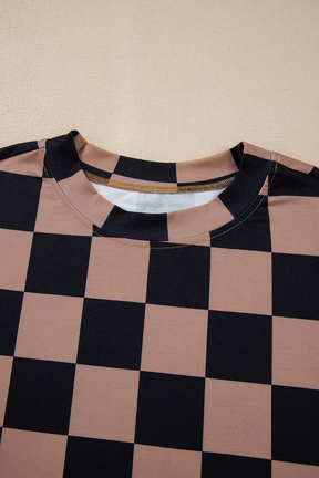 Light Beige Two Tone Checkered Crew Neck Loose T Shirt-True and Wild