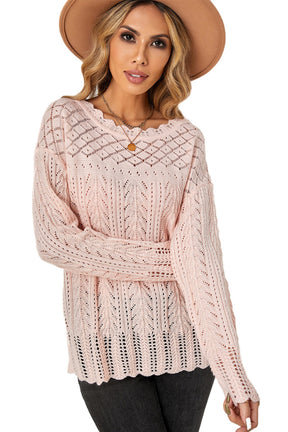 Pink Solid Casual Drop Shoulder Knit Sweater-True and Wild