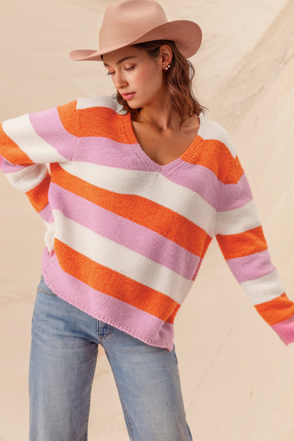 Orange Casual Stripe V Neck Side Slit Sweater-True and Wild