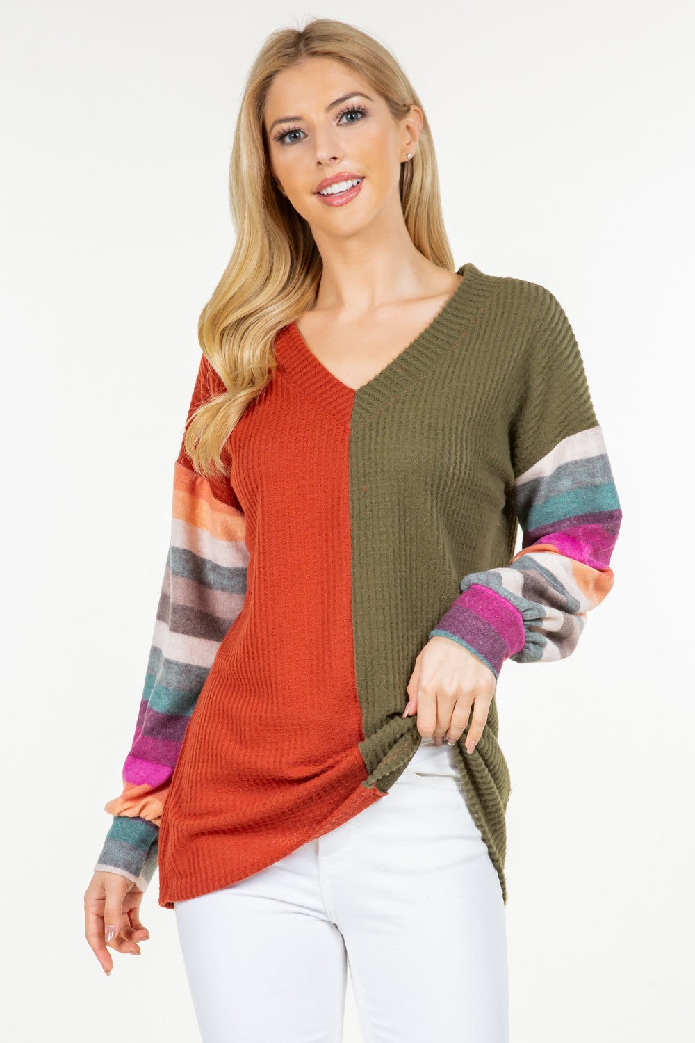 Celeste Full Size Contrast Striped V-Neck Long Sleeve Blouse-True and Wild