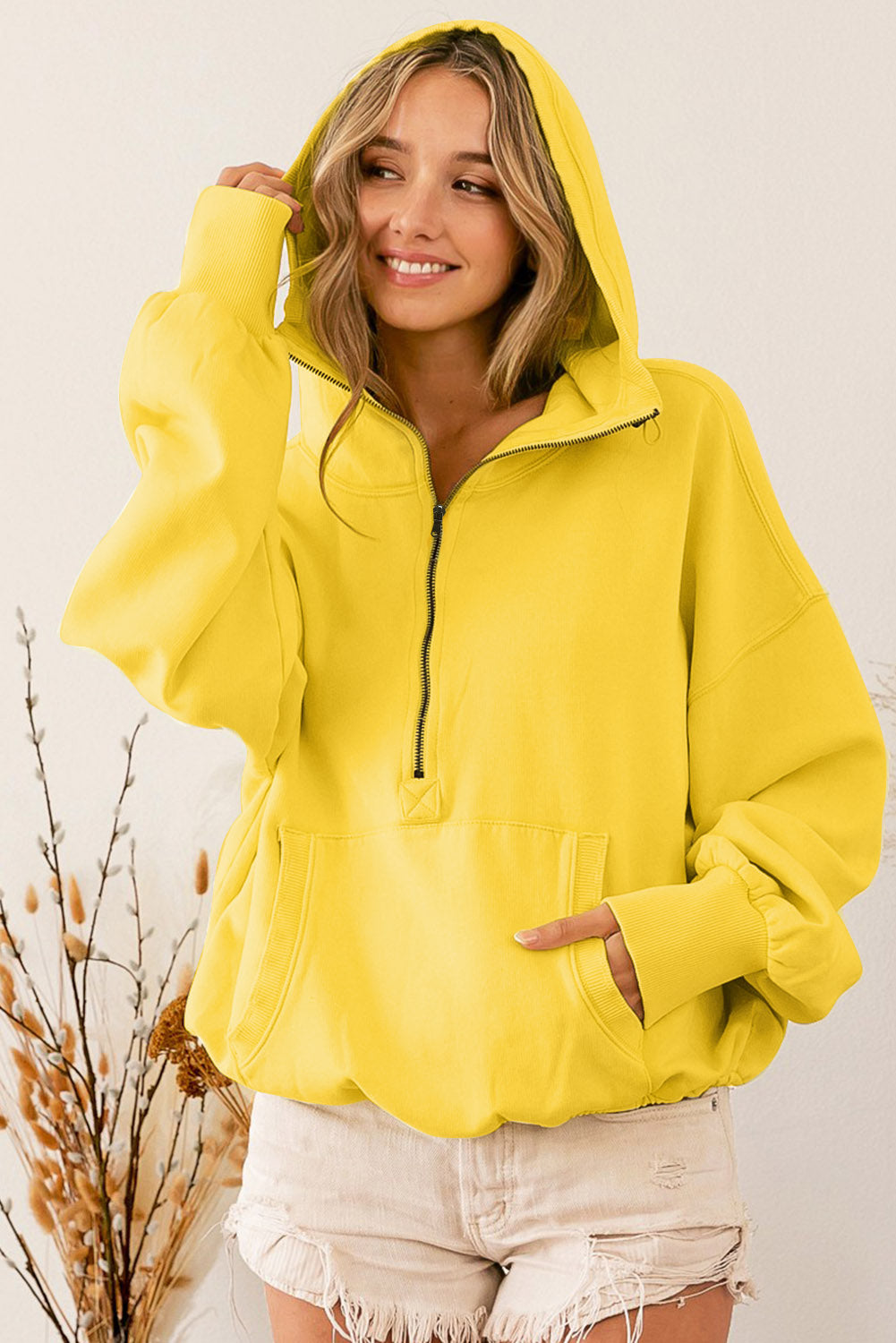 Yellow Solid Color Half Zip Pullover Hoodie with Kangaroo Pocket