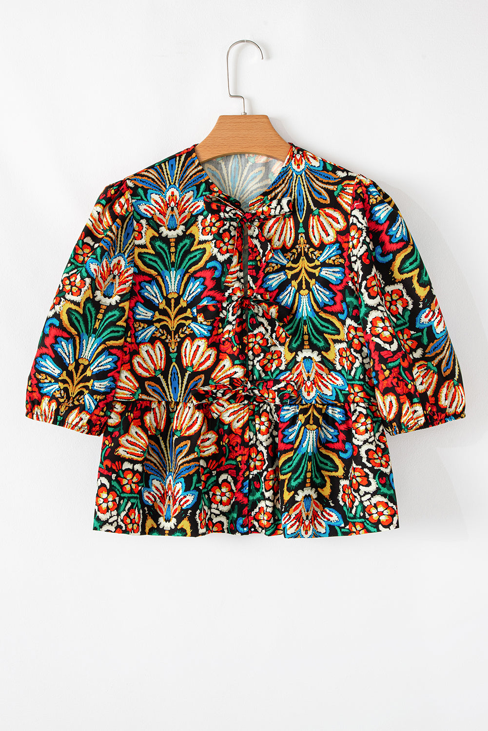 Black Bohemian Tropical Print Front Tie V-Neck Bubble Sleeve Blouse