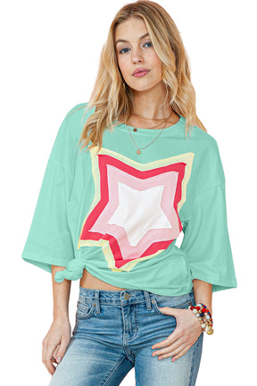 Moonlight Jade Colorblock Star Patched Half Sleeve Oversized Tee-True and Wild