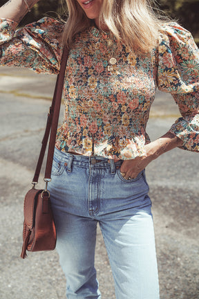 Yellow Floral Print Bubble Sleeve Smocked Crop Top