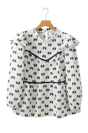 White Bowknot Print Frill Crew Neck Flowy Blouse