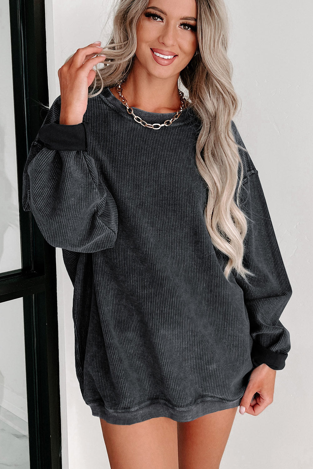 Pink Solid Ribbed Round Neck Pullover Sweatshirt-True and Wild