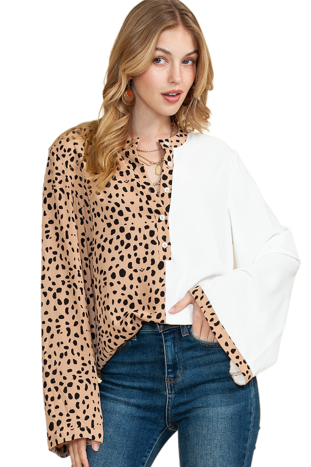 Khaki Leopard and White Patchwork Henley Blouse-True and Wild