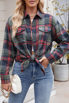 Green Plaid Chest Pocket Button Front Shirt-True and Wild