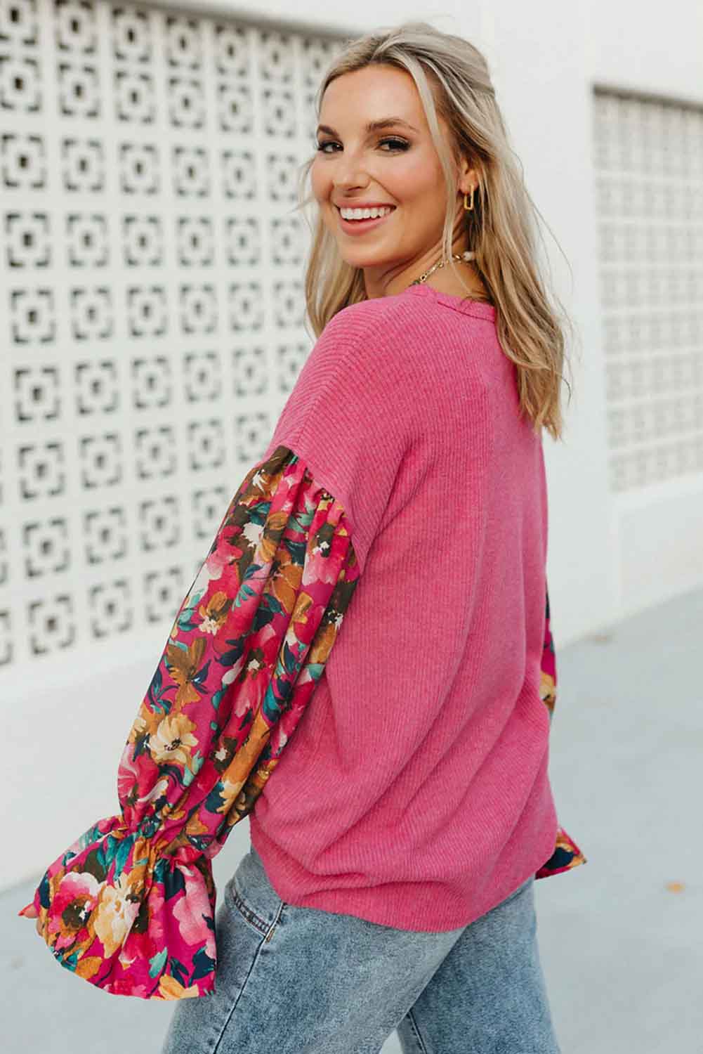 Long Sleeve Tops - Sachet Pink Flower Patchwork Ribbed Knit Drop Shoulder Top