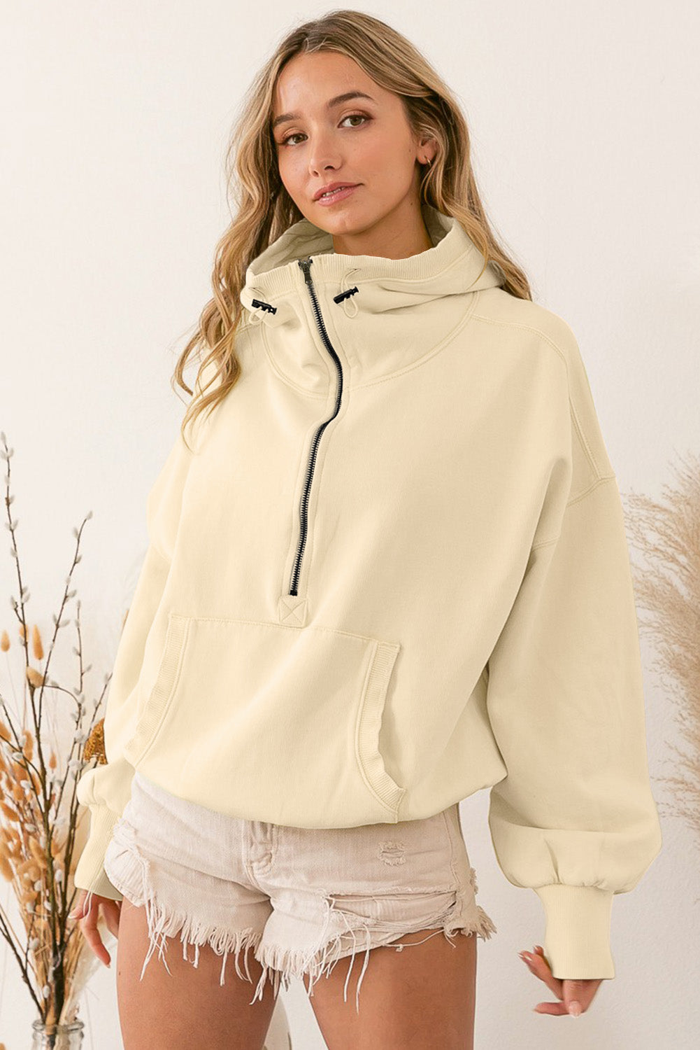 Yellow Solid Color Half Zip Pullover Hoodie with Kangaroo Pocket