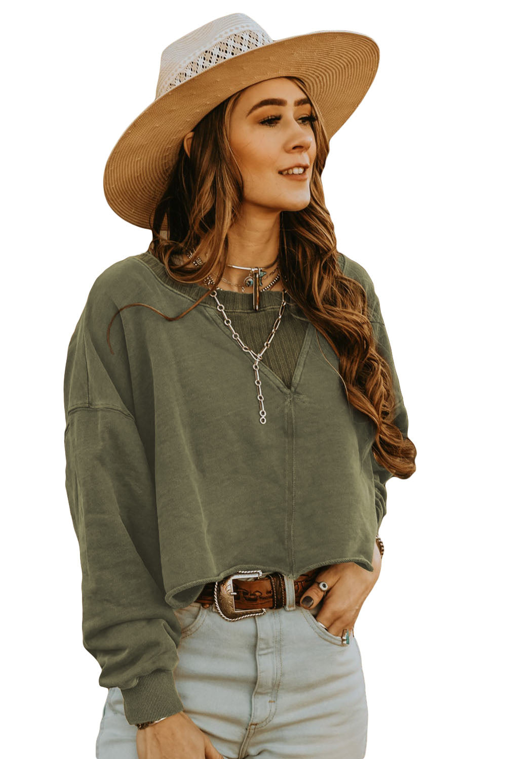 Green Casual Drop Shoulder Cropped Sweatshirt-True and Wild