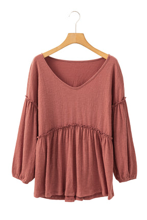 Mineral Red Solid Color Textured Frill Trim V Neck Puff Sleeve Blouse-True and Wild